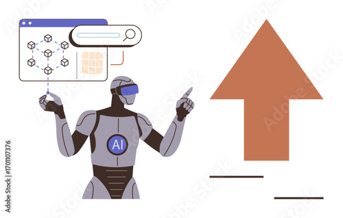 AI-powered robot analyzing data with a futuristic interface, pointing to a large upward arrow. Ideal for technology, machine learning, growth, innovation, automation, progress, future concepts