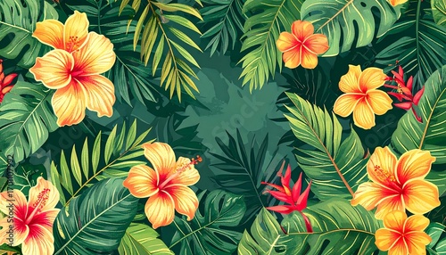 Tropical floral border. Lush greenery and vibrant flowers