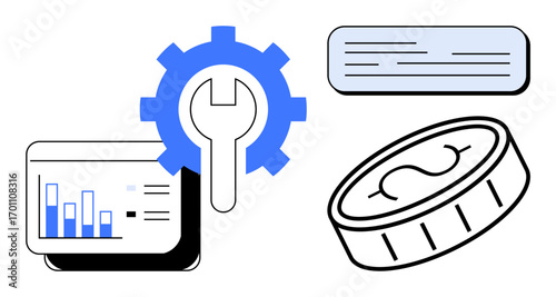 Gear with wrench, data dashboard, coin, and text box for concepts of analytics, finance, solutions, and technology. Ideal for business, tech finance improvement innovation optimization simple