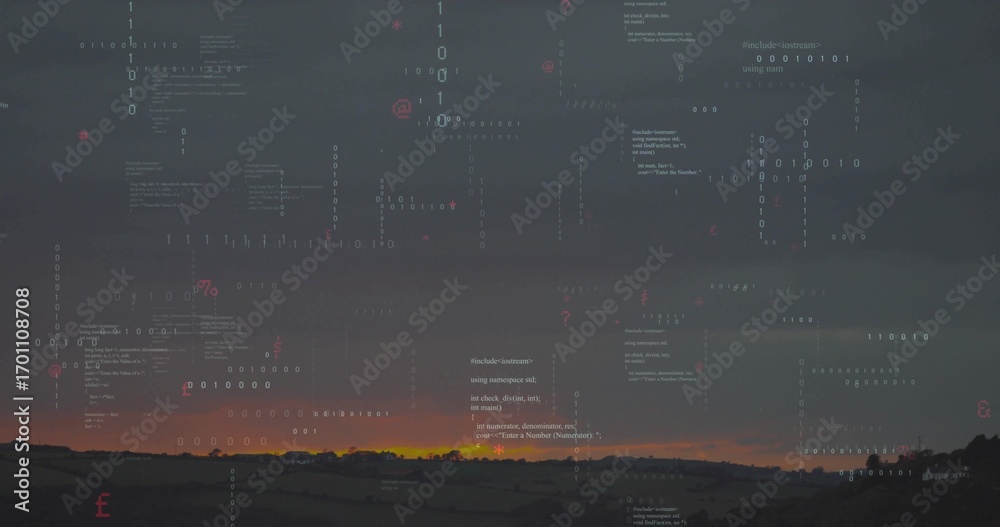 Obraz premium Displaying digital collage merging dusk sky over hills with floating binary digits, code symbols