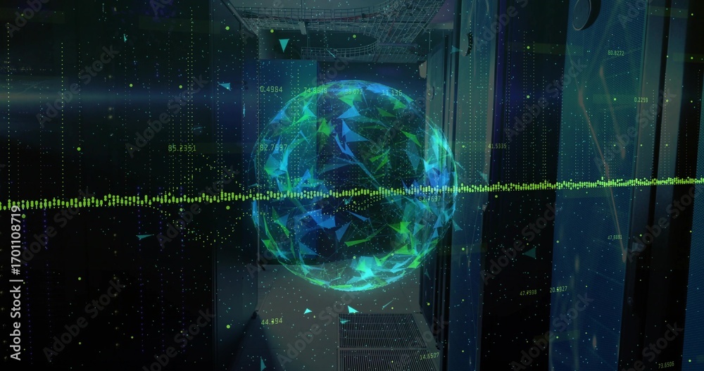 Obraz premium Floating holographic globe pulsing waveform across data center aisle with server racks, data points