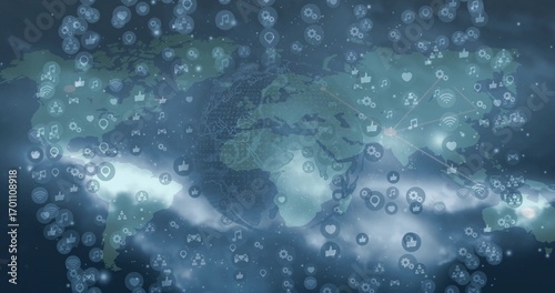 Floating world map over dark blue backdrop, digital icons, network lines, cloud-like light streaks