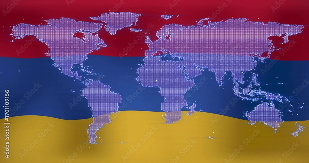 Naklejka premium Displaying pixelated world map overlaying tricolor flag stripes in digital art, with fabric texture