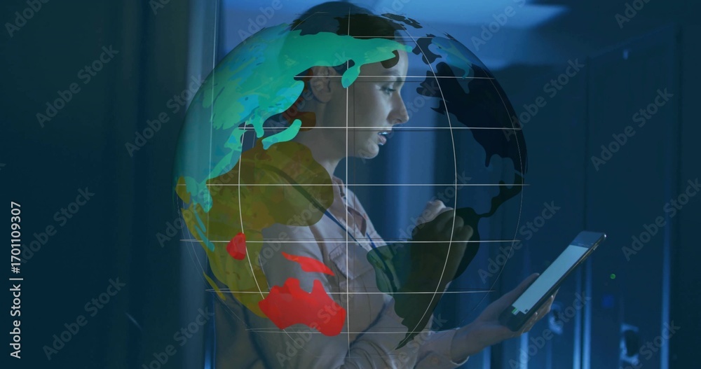 Naklejka premium Interacting technician monitoring networks on tablet in server rack corridor, globe projection