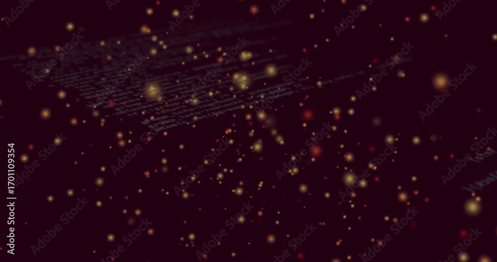 Obraz premium Drifting luminous yellow and orange orbs illuminating virtual data space, with faint code lines