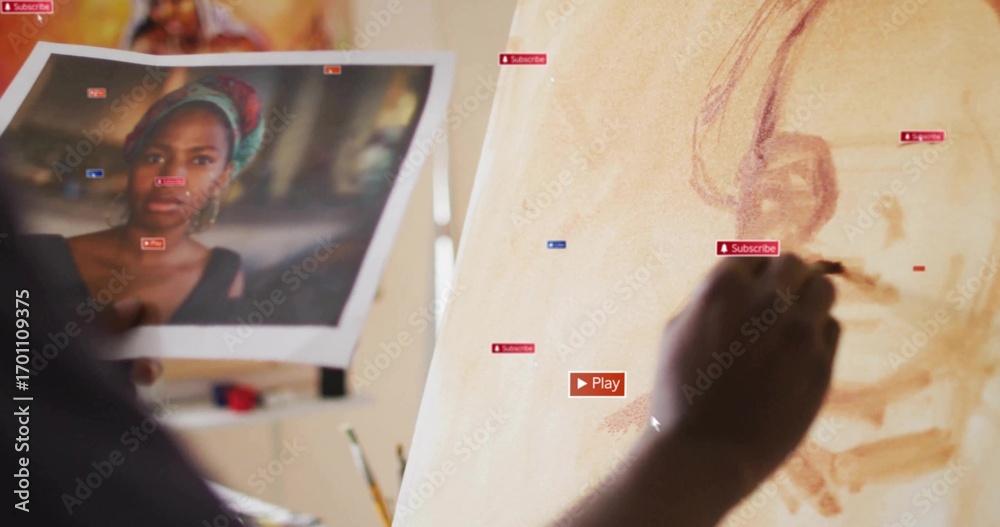 Naklejka premium Painting artist applying tones on canvas in studio with printed reference and brush, copy space