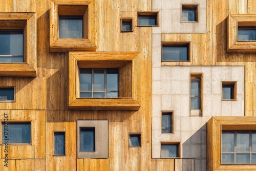 Modern building facade with varied wooden and concrete panels, showcasing numerous windows in different shapes and sizes