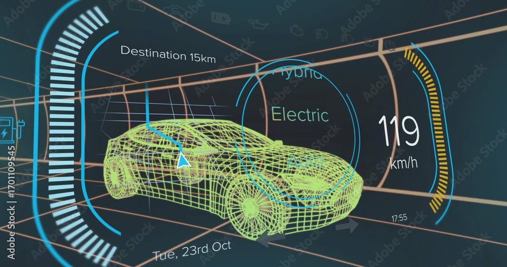 Obraz premium Showing wireframe car model navigating in virtual grid tunnel, with digital dashboard elements