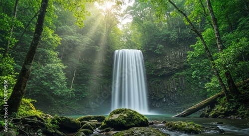 Serene Waterfall in Lush Rainforest A Breathtaking Nature Scene
