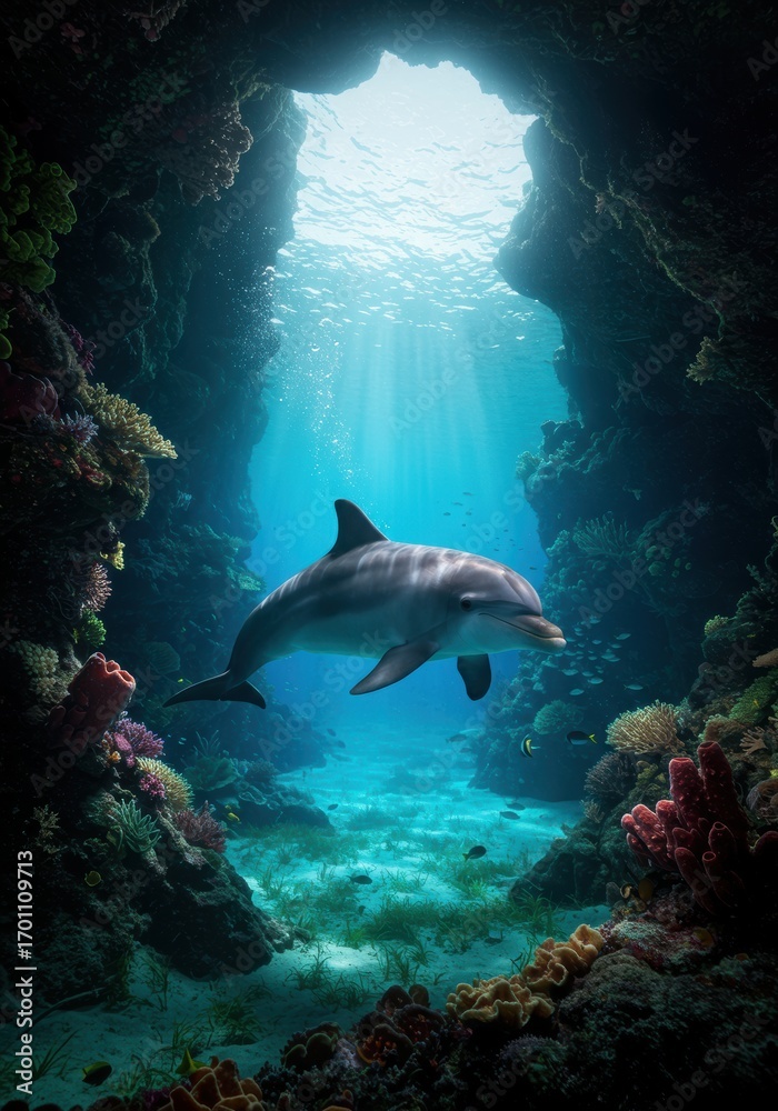 Fototapeta premium Dolphin in Coral Reef Cave Underwater Paradise