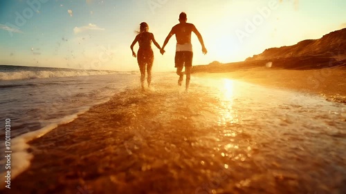 A man and a woman are captured midmotion on a beach during sunset. The sun casts a golden hue over the scene, creating a shimmering effect on the waters surface.