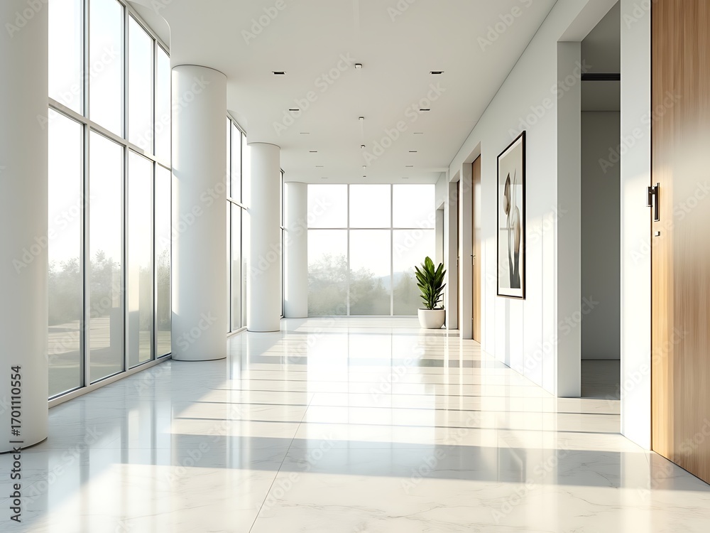 Obraz premium Bright modern office hallway with large windows and natural light creating a clean and professional atmosphere isolated on white background