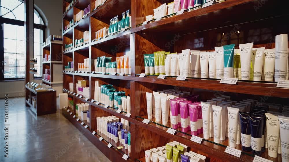 custom made wallpaper toronto digitalWide-angle shot of a well-lit store with neatly arranged skincare products on wooden shelves, creating a vibrant and organized retail video scene.