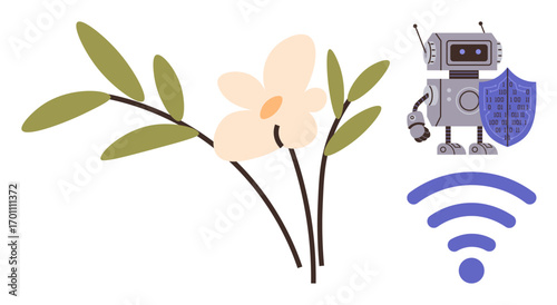 Robot carrying shield stands near wireless symbol and floral branches. Ideal for innovation, nature-tech fusion, eco-friendly tech, wireless security, AI balance, sustainability, simple flat metaphor