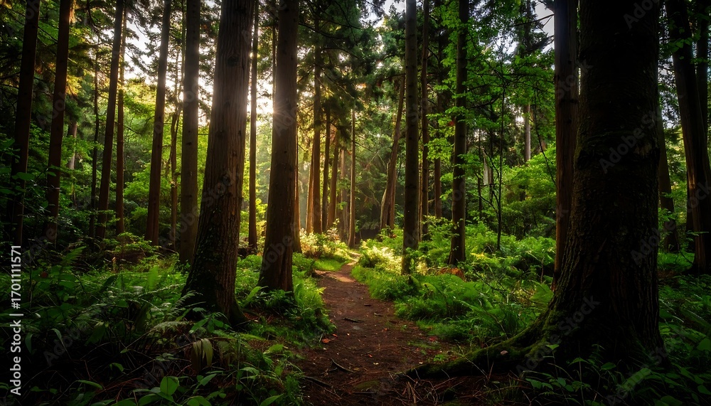 Obraz premium Sunlight filtering through a dense forest (4)