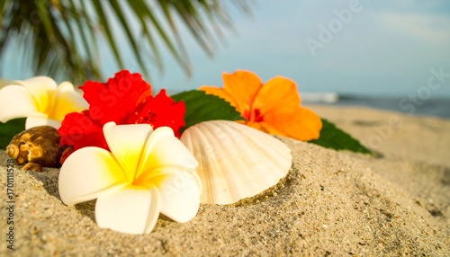 Tropical flowers and seashells on a sandy beach