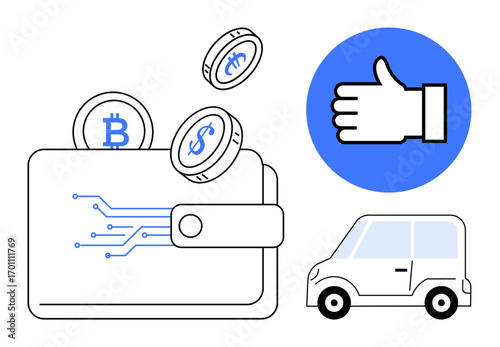 Digital wallet with cryptocurrency coins including Bitcoin, thumbs-up sign in blue circle, and compact car. Ideal for fintech, digital currency, mobile transactions, car sharing, blockchain