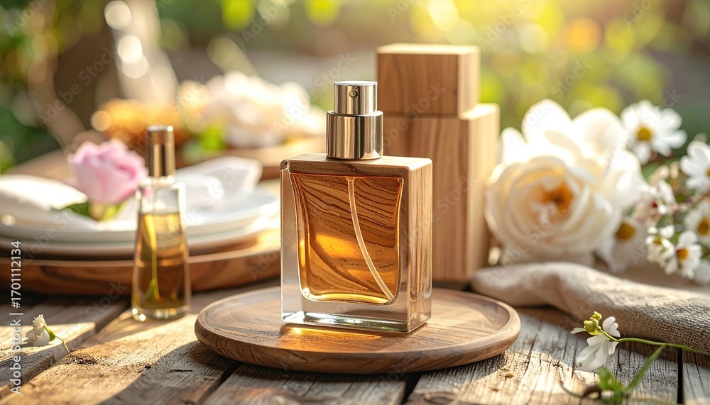 Naklejka premium Wooden perfume botle, product photography