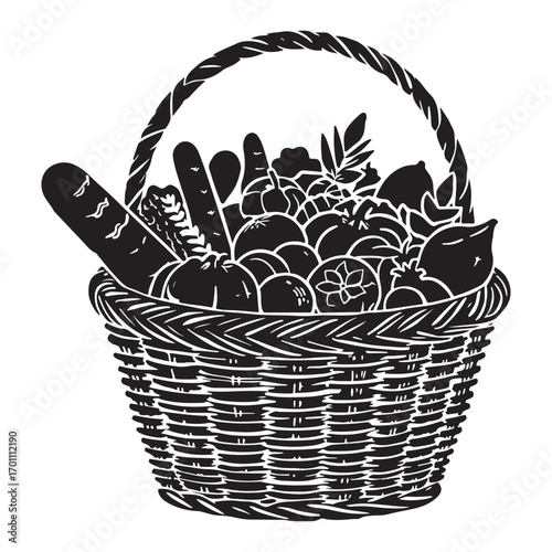 A woven basket overflowing with fresh vegetables and fruits in a black and white illustration