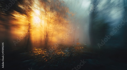 Golden sunbeams piercing a misty autumn forest
