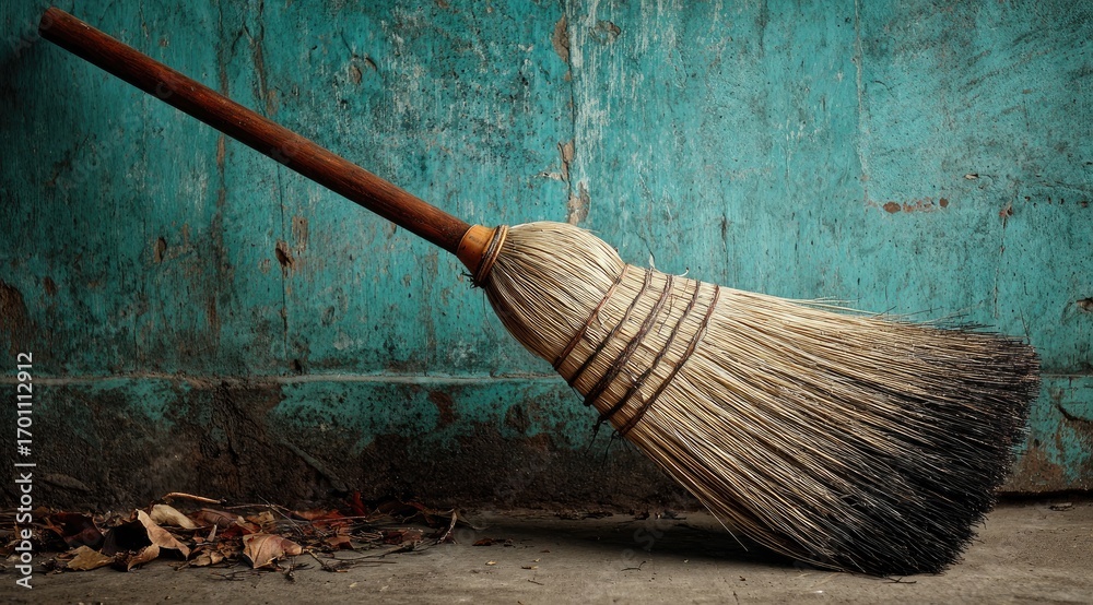 custom made wallpaper toronto digitalWeathered broom leaning against teal wall.  Dried leaves at base