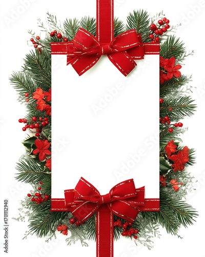 Festive christmas frame with red bow, pine branches, and poinsettia flowers