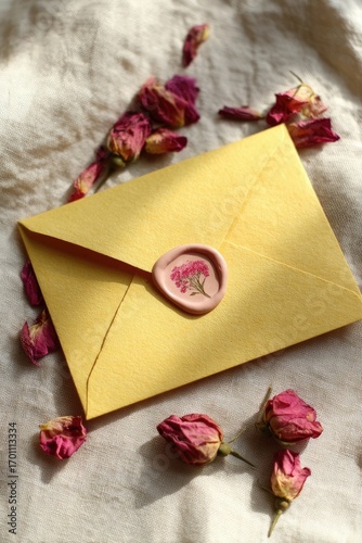 Gold Envelope With Pink Floral Wax Seal And Dried Roses