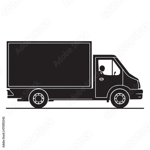 Silhouette of a black box truck with a cargo compartment and cab