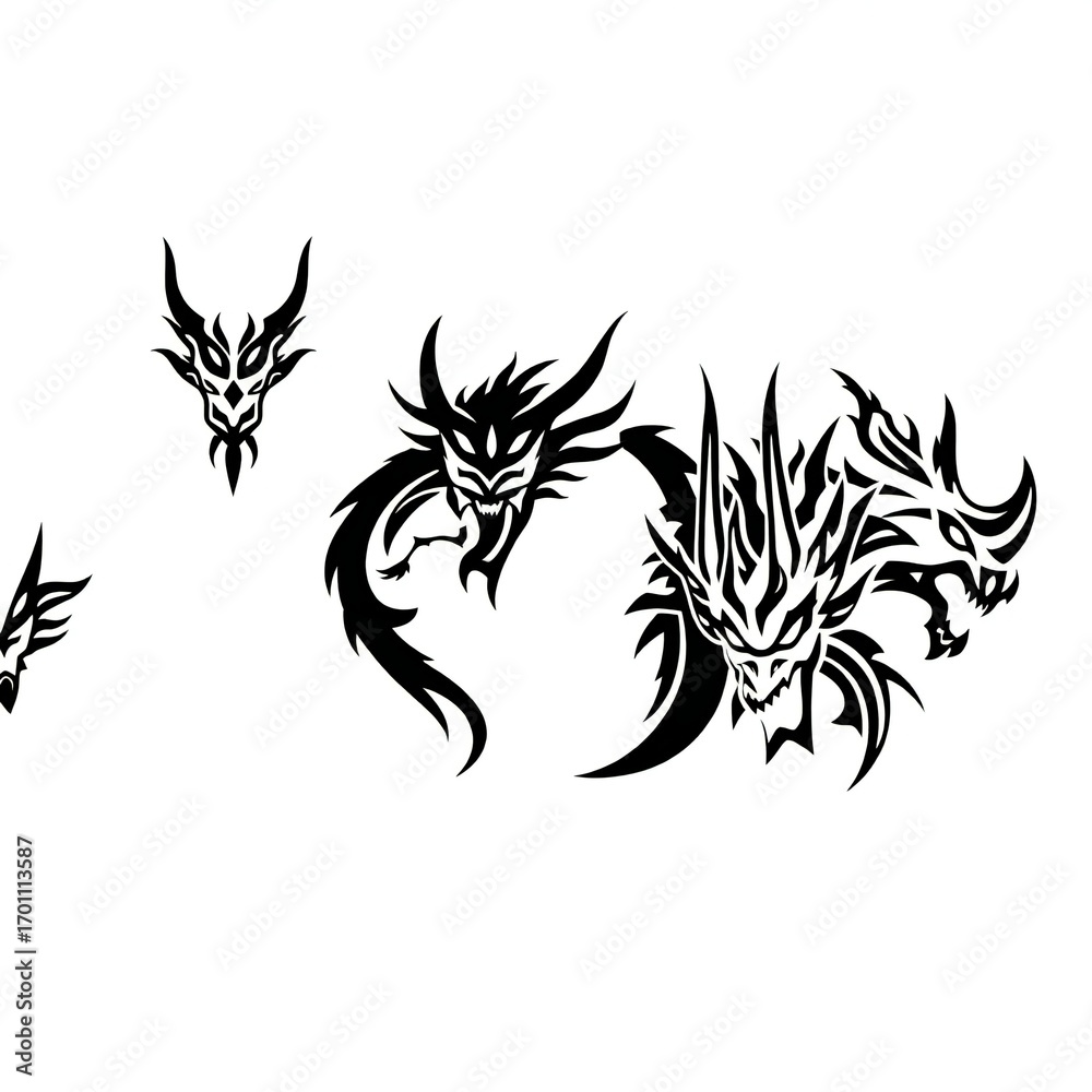 Fototapeta premium Tribal dragon heads and body illustration on white background