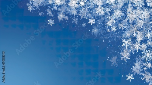 Falling snowflakes on blue winter background with frosty patterns