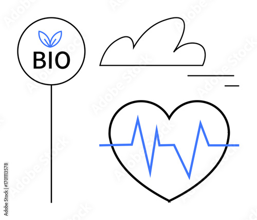 Bio sign with plant element, heartbeat inside heart shape, cloud and lines. Ideal for health, sustainability, fitness, organic products, wellness, eco-friendly living simple landing page
