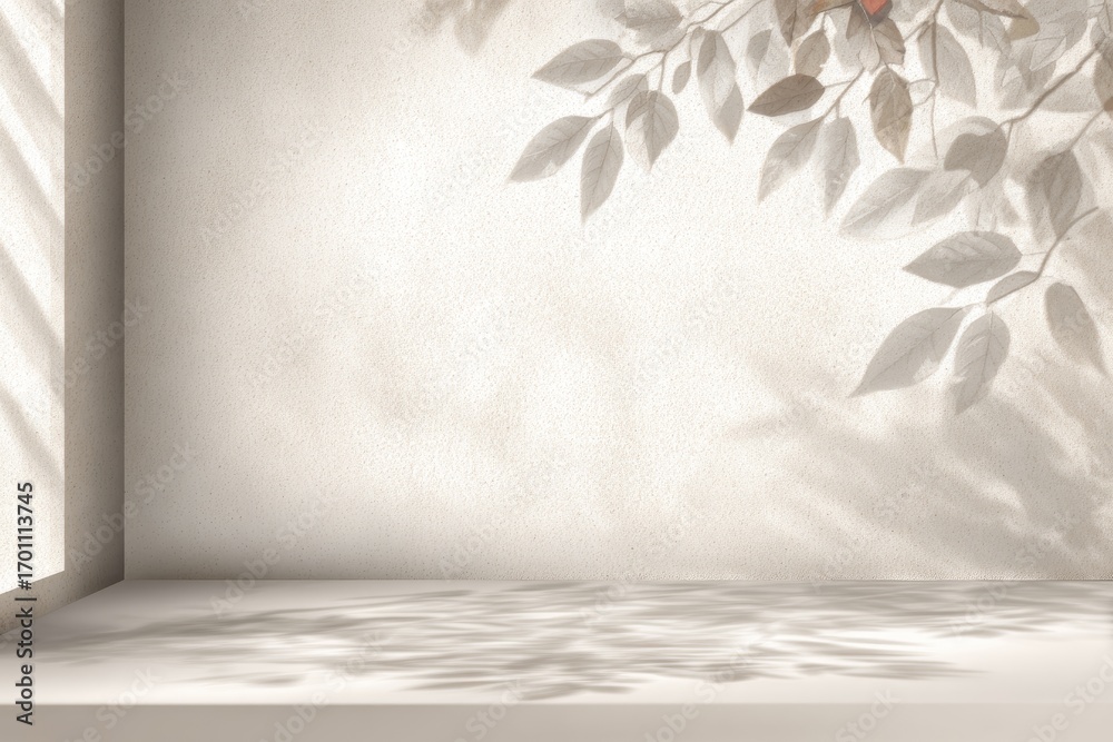 Fototapeta premium Empty Display Space With Beige Wall And Leaf Shadows