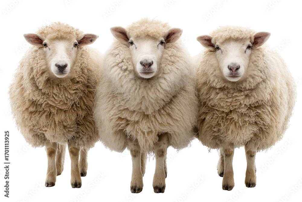 Obraz premium Three fluffy sheep stand side-by-side, facing the camera, against a transparent background. background removed