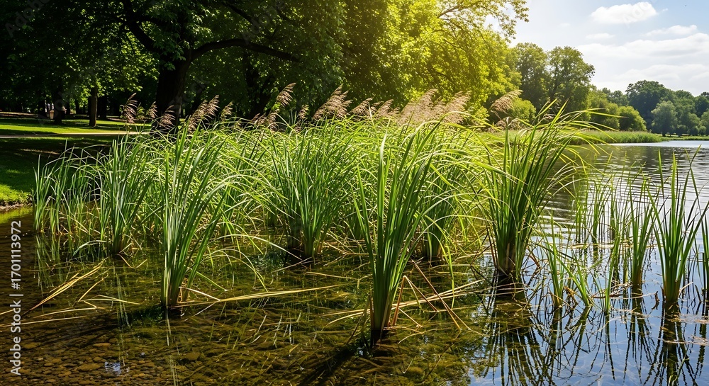 Obraz premium Serene Lakeside Scenery with Aquatic Plants.