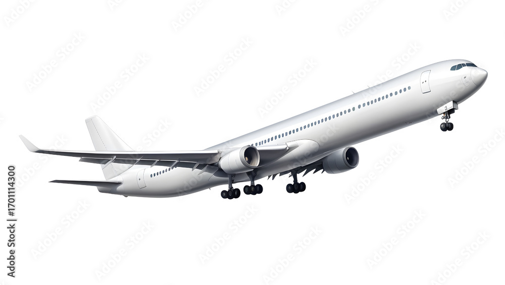 Obraz premium Sleek Commercial Airplane Taking Off Against a Clear Blue Sky Over White Background