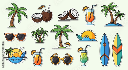 Colorful Summer Vacation Stickers with Palm Trees Coconuts Drinks and Surfboards