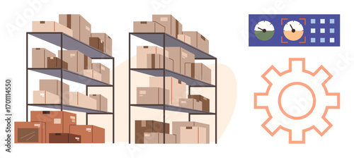 Stacked storage racks with boxes, gauge displays, settings gear. Ideal for logistics, inventory, supply chain, warehouse organization, shipping stock control automation themes. Simple flat metaphor