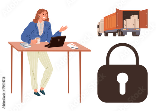 Woman working at a desk with laptop, documents, coffee. Nearby, open cargo truck and lock symbol emphasize logistics, shipping, security. Ideal for delivery, e-commerce supply chain protection