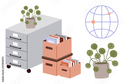 Filing cabinet with plants on top, boxes of books, and a globe network illustration. Ideal for organization, workspace inspiration, minimalism, education, teamwork, global connectivity simple flat