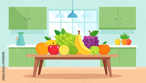 Vibrant assortment of fresh organic fruits on a wooden kitchen table, representing a healthy diet, wellness, and balanced nutrition