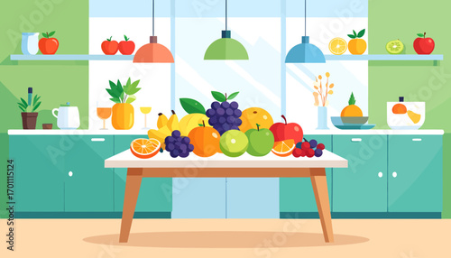 A beautiful assortment of delicious and nutritious fruits arranged on a table in a bright, modern kitchen setting