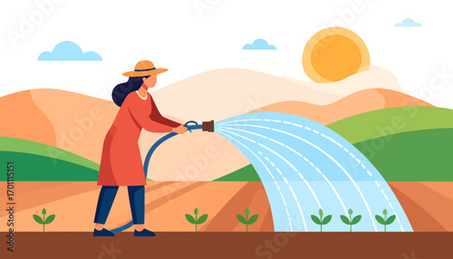 Female farmer in a hat watering young sprouting plants in a vast agricultural field under a bright sun