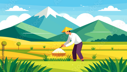 Rice Farmer Harvesting in Scenic Mountain Valley