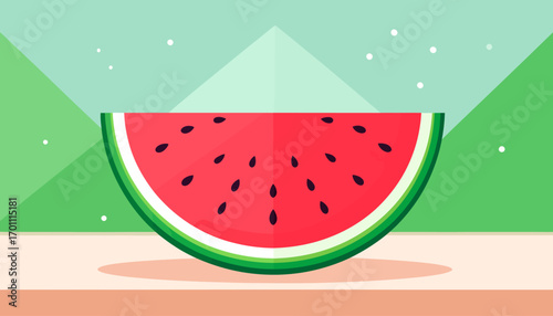 Bright flat design illustration of a refreshing watermelon slice, showcasing vibrant red flesh and seeds. Perfect for summer, healthy food, and natural themes