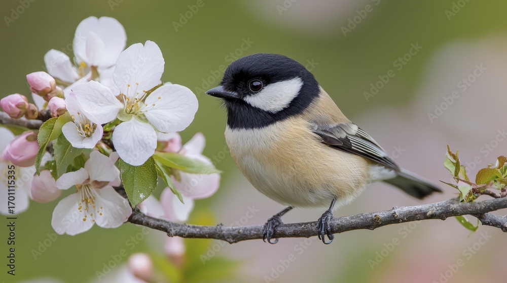 Fototapeta premium A charming great tit perched on a branch with delicate white blossoms.
