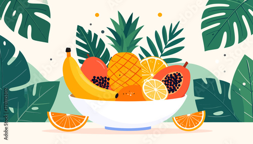 A vibrant and refreshing assortment of tropical fruits including bananas, pineapples, oranges, and papayas, artfully arranged in a white bowl amidst lush green foliage