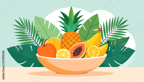 A vibrant and colorful illustration of a decorative bowl filled with an assortment of fresh tropical fruits set against a background of lush green leaves