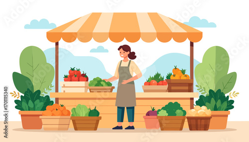 Friendly female vendor selling fresh organic produce at a local farmers' market stall. Small business concept with healthy, natural food