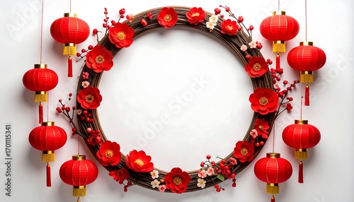 Circular frame with lanterns and flowers