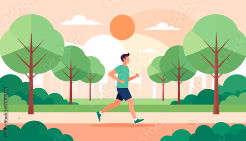 Morning Run A Man Jogging in the Park with Trees, Bushes, and a Bright Sun in the Sky